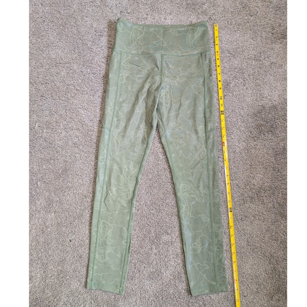 Zyia Active Maze Metallic Shimmer Light n Tight Leggings Olive Green Pockets XS